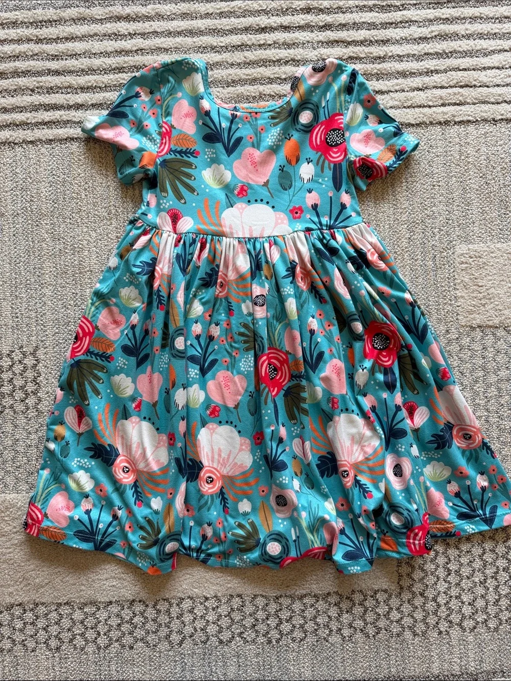 Girls Teal Floral Short-Sleeve Twirl Dress - Picture 1 of 1